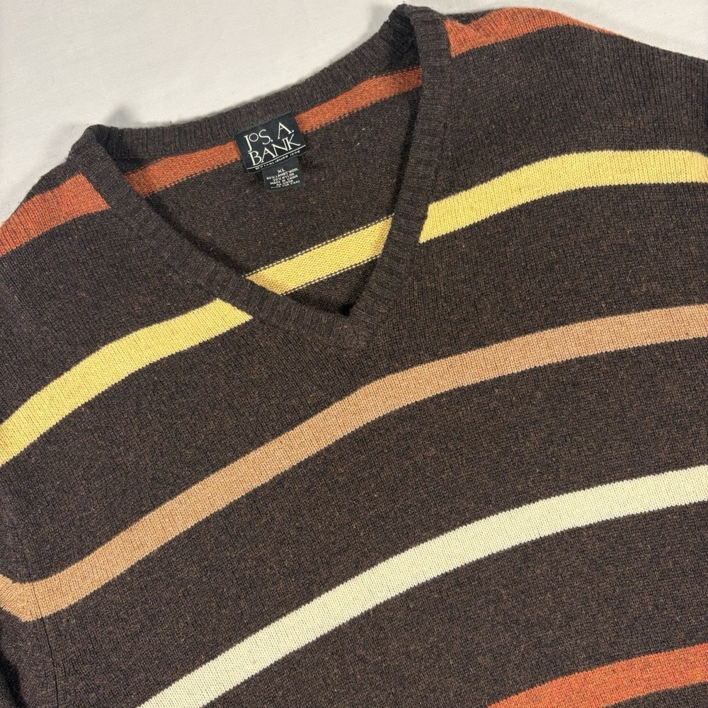 Jos A Bank 80% Lambswool Sweater Mens XL Brown Stripe V Neck Grandpa Core Preppy - Picture 2 of 8